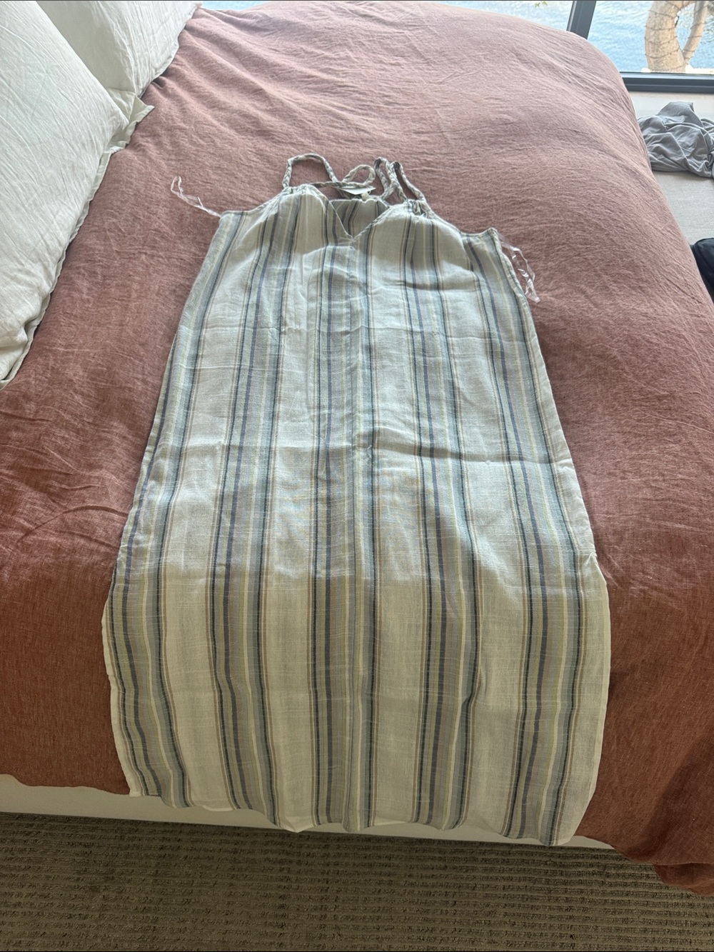 Miken Striped Sleeveless Summer Dress in Cream, Blue, and Gray